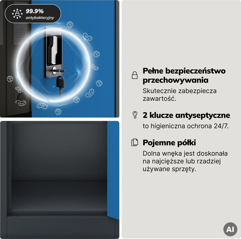 Szafa na akta kartotekowa na klucz antracytowo-niebieska, 450x1850x400 mm: ALEX