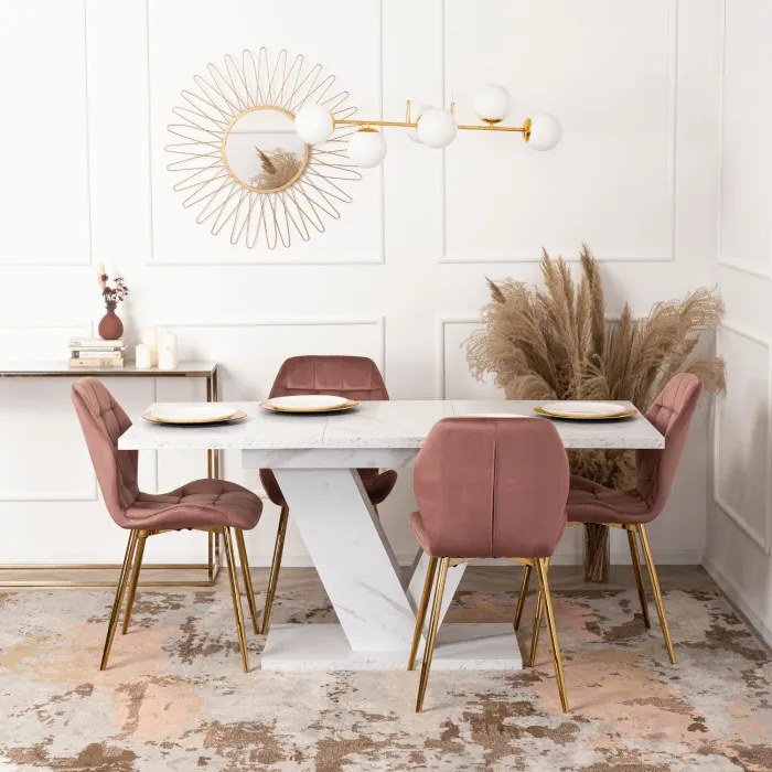 Stół Prostokątny Rozkładany CLARK 120-160 cm Biały Marmur Glamour