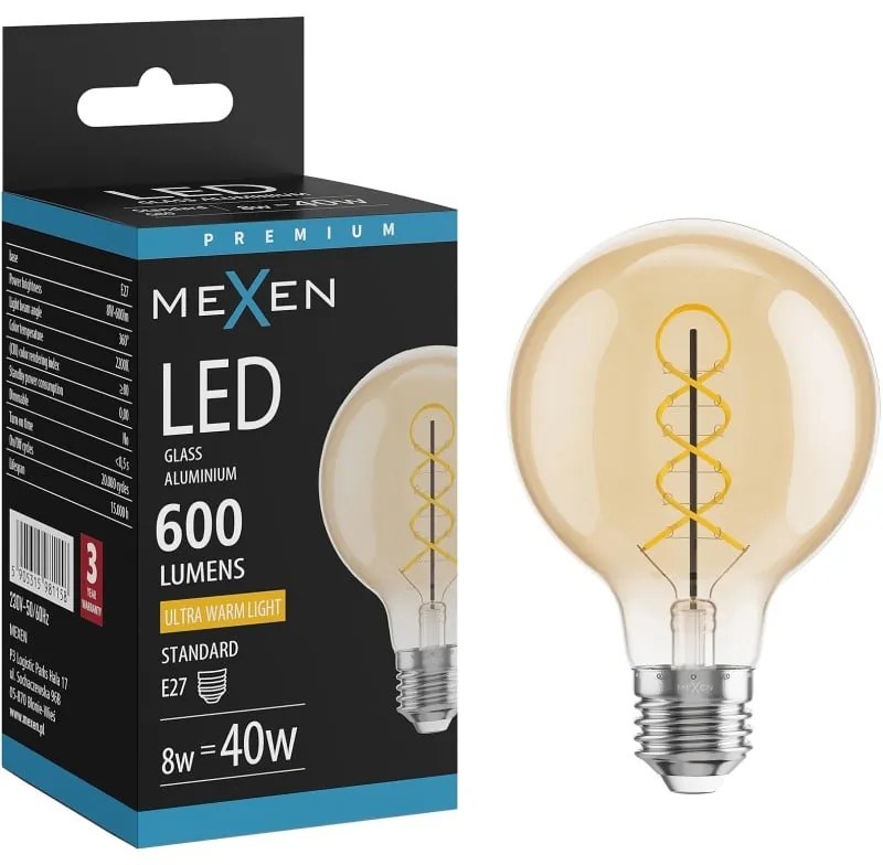 Mexen Vintis żarówka filament spirala LED E27, G80, 8W, Ciepła - 2200K, 600 lm, amber - L165-E27-0822-50