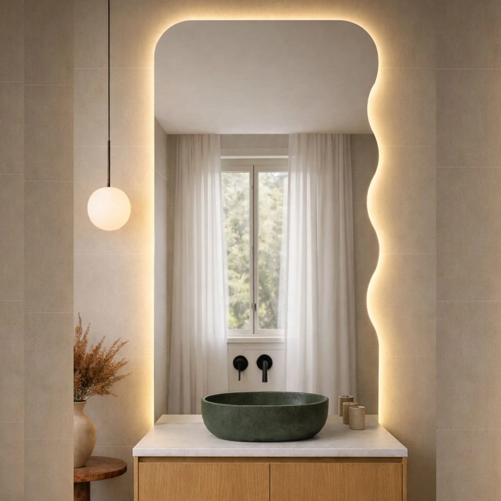 Lustro dekoracyjne oszlifowane z podświetleniem WAVE Aura Half LED  | Różne rozmiary | Różne kolory : Kolor tafli szkła - Srebrny, Rozmiar - 80 x 160 cm, Wersja - Prawa
