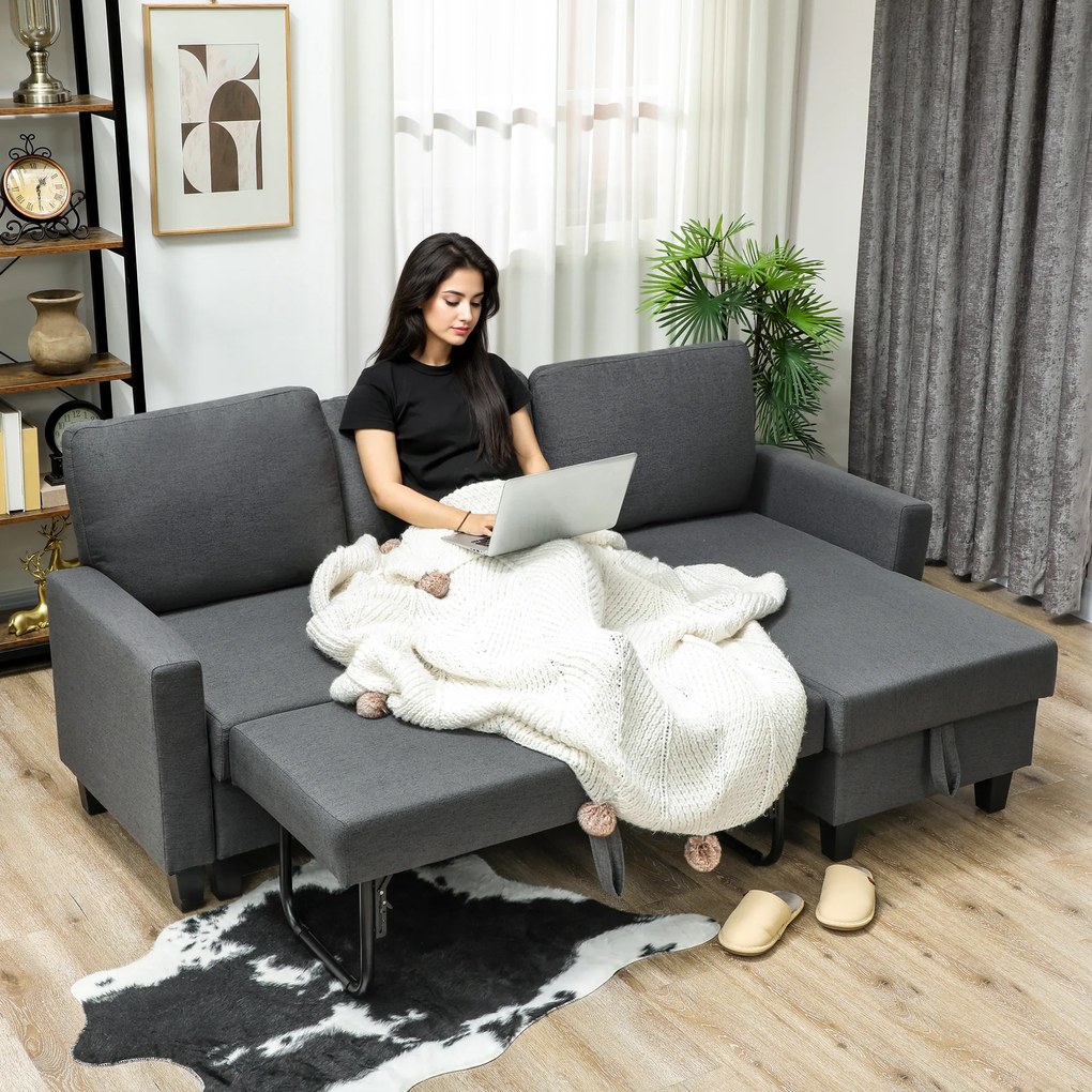 HOMCOM Narożnik z funkcją spania i pojemnikiem w kształcie L Sofa z chaiselongue, regulowane oparcie do salonu | Aosom PL