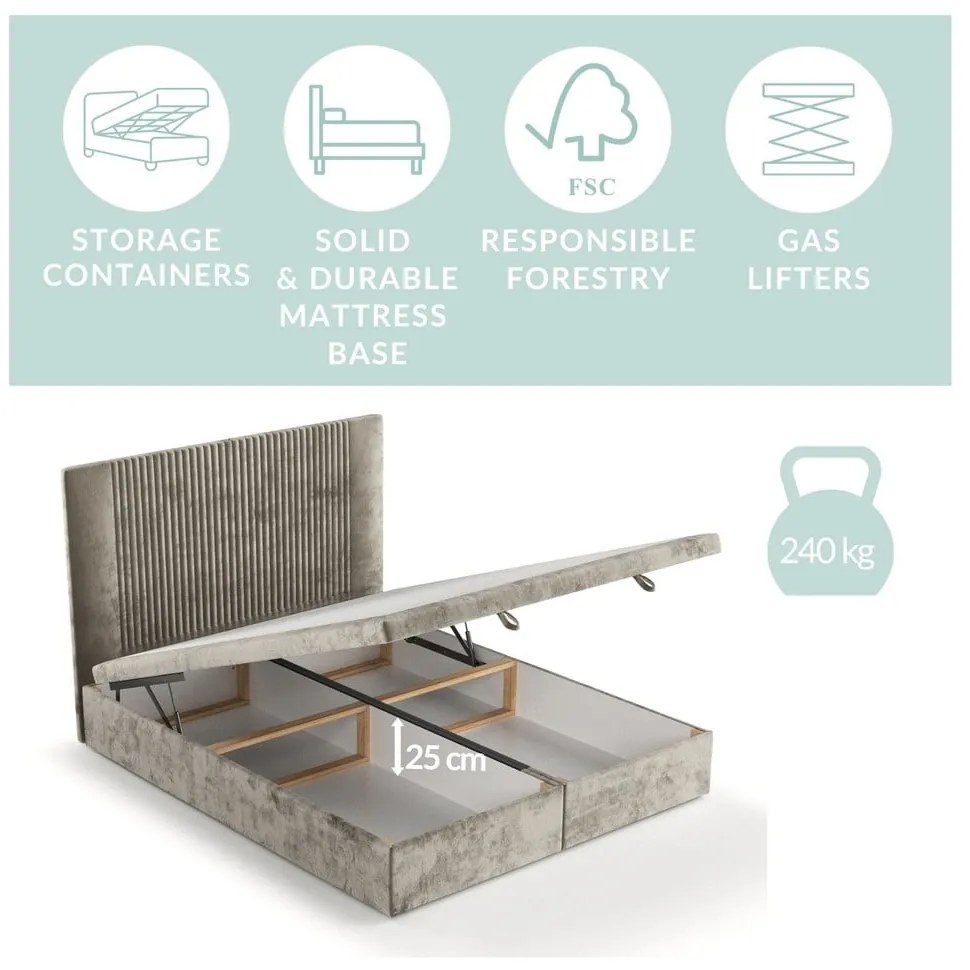 Szare tapicerowane łóżko dwuosobowe ze schowkiem 200x200 cm Mavel – Maison de Rêve