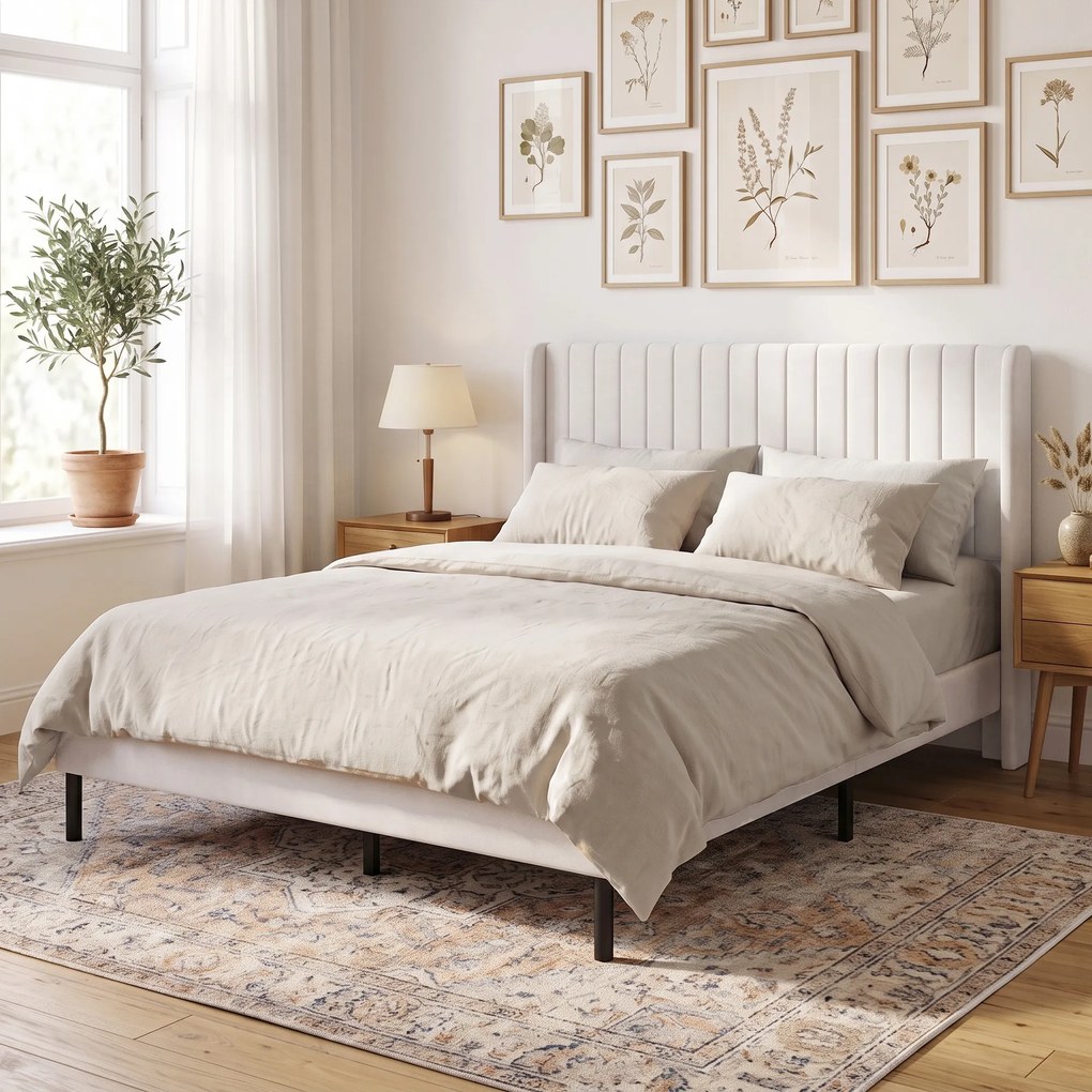 HOMCOM Rama łóżka 140 x 200 cm z regulowanym wezgłowiem, łóżko tapicerowane z 12 listwami, beżowe | Aosom PL