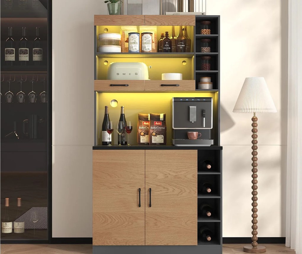 Kredens kuchenny 100×47×187 cm - z oświetleniem LED - 2 drzwi - naturalny+czarny