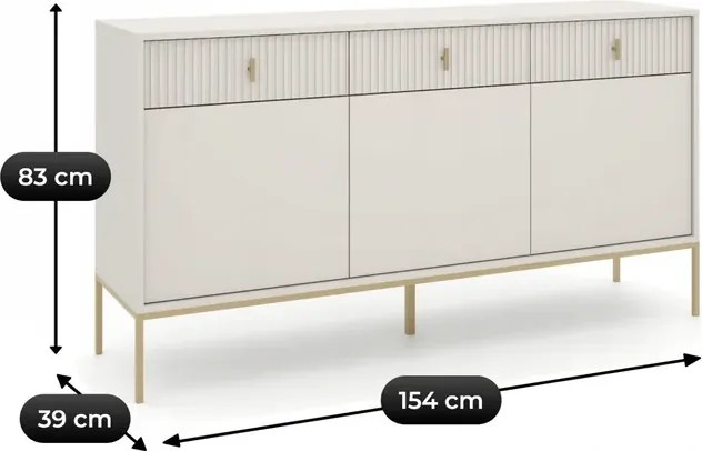 Komoda do Salonu Sypialni MARCOS 154 cm Kaszmir/Złoty Ryflowana Trzydrzwiowa z Szufladami Glamour