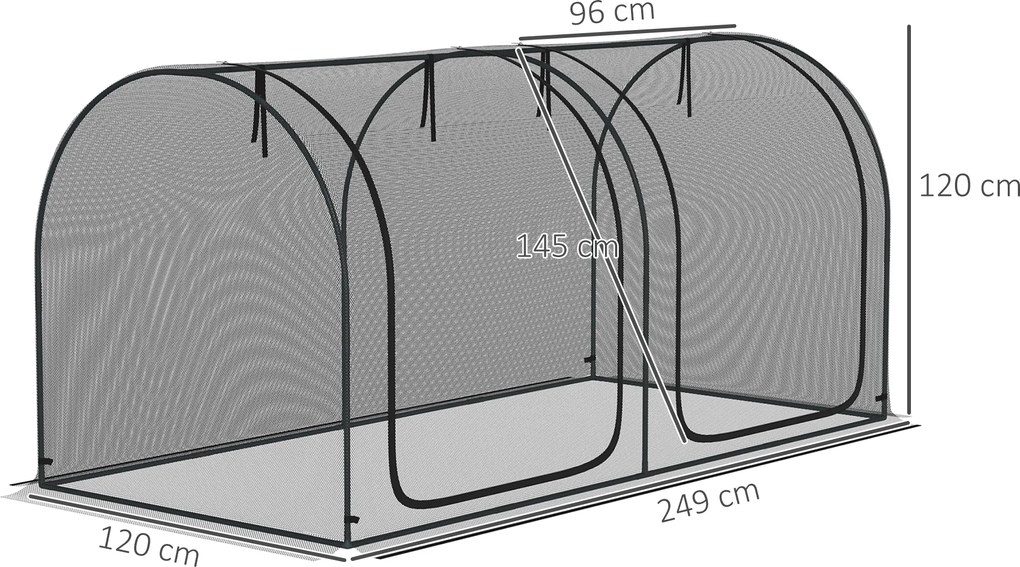 Outsunny 2,49 x 1,2 m Siatka ogrodowa, namiot ochronny na rośliny z drzwiami, siatka przeciw szkodnikom z ramą stalową, Czarna