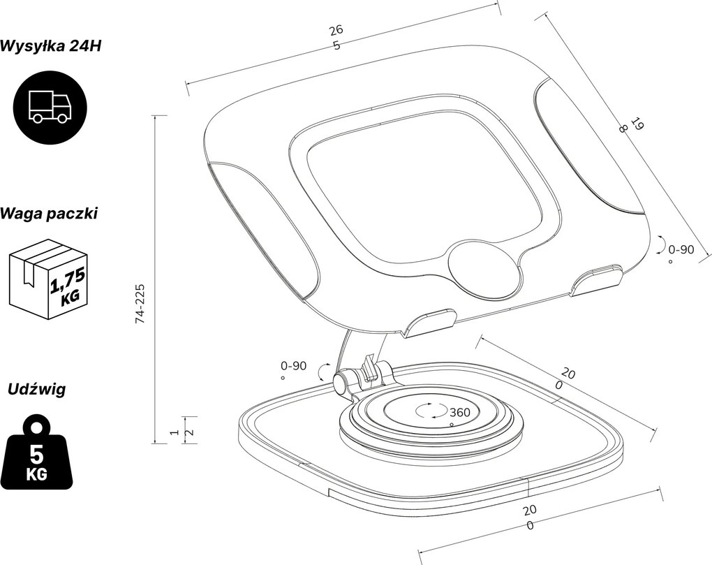 Podstawka stojak pod laptopa regulowana biała, 265x200x74-225 mm