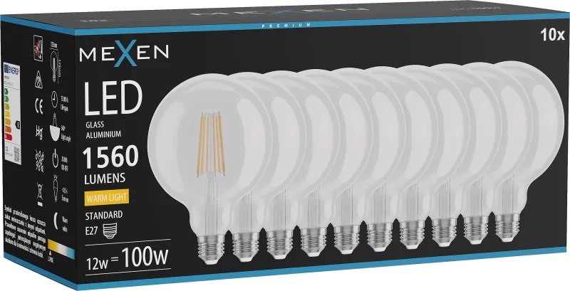 Mexen Vintis 10x żarówka filament LED E27, G125, 12W, Ciepła - 2700K, 1560 lm, clear - L158-E27-1227-00x10