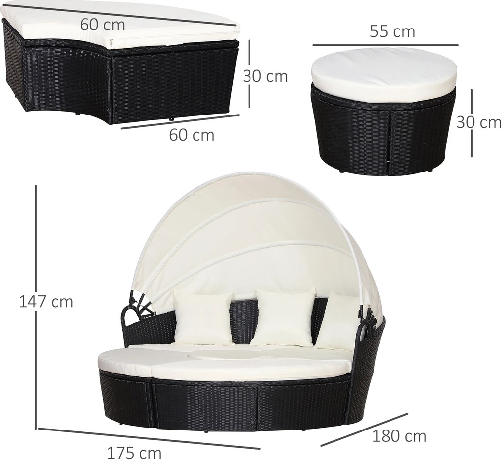 Rattanowa wyspa z daszkiem przeciwsłonecznym Stół krzesła Metalowe poduszki Kremowy komplet | Aosom PL