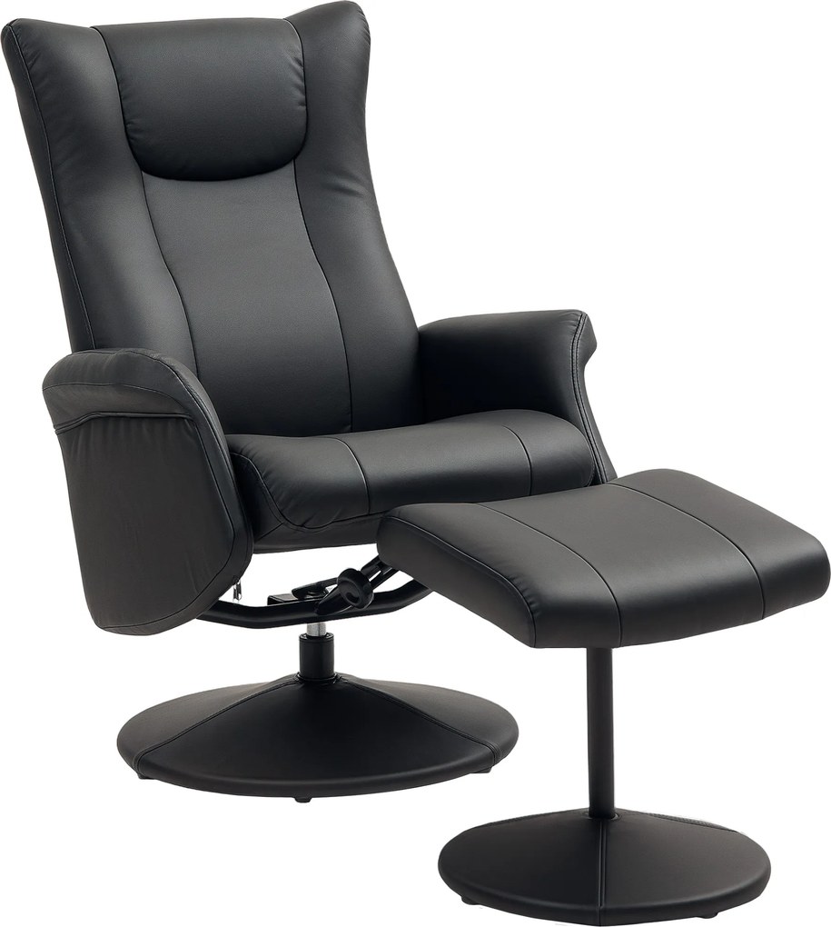 HOMCOM Obrotowy Fotel z Podnóżkiem, w Wyglądzie Skóry, z Regulowanym Oparciem, do 150 kg, Czarny