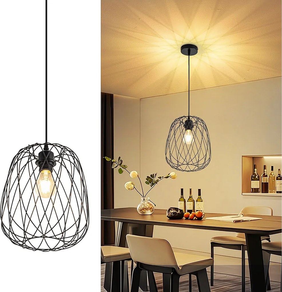 NETTLIFE Lampa wisząca do jadalni Lampa wisząca vintage - E27 Lampa wisząca sufitowa Czarna metalowa okrągła lampa wisząca