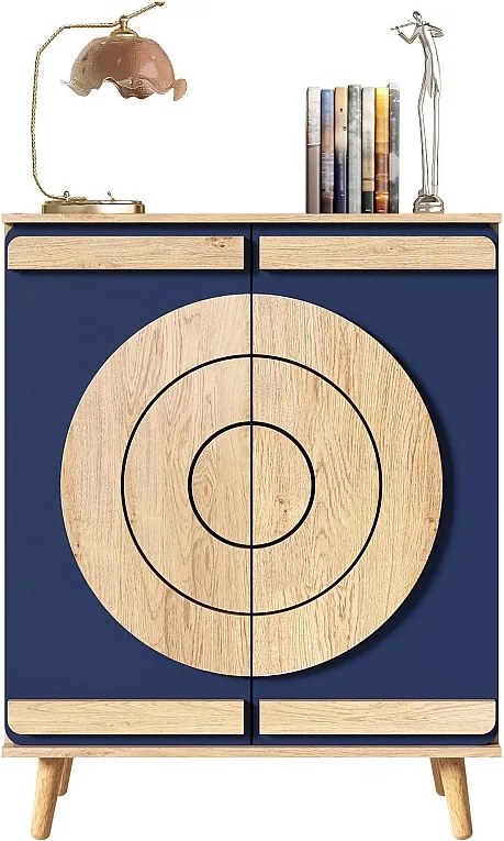 Nowoczesna szafka na buty z okrągłymi, geometrycznymi drzwiami - 76 x 37 x 98,5 cm - płyta wiórowa - kolor naturalny