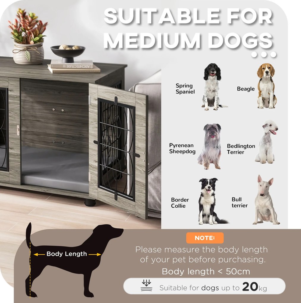 PawHut Klatka dla psów z miękką poduszką, do 20kg/50cm długości ciała, Metal, 80x56x63cm, Szary/Dekor drewna