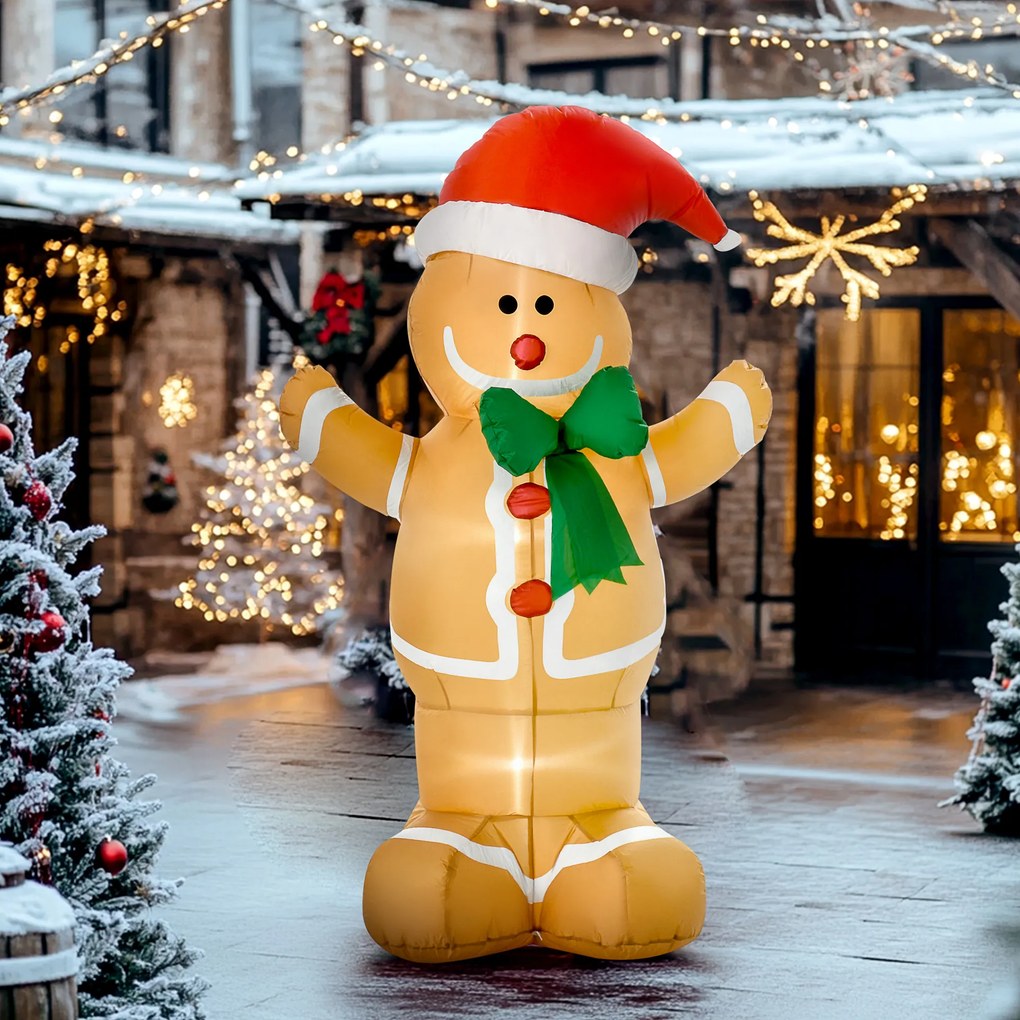HOMCOM Nadmuchiwana dekoracja 183 cm – Piernikowy ludzik z kokardą, 3 LED, wbudowana dmuchawa