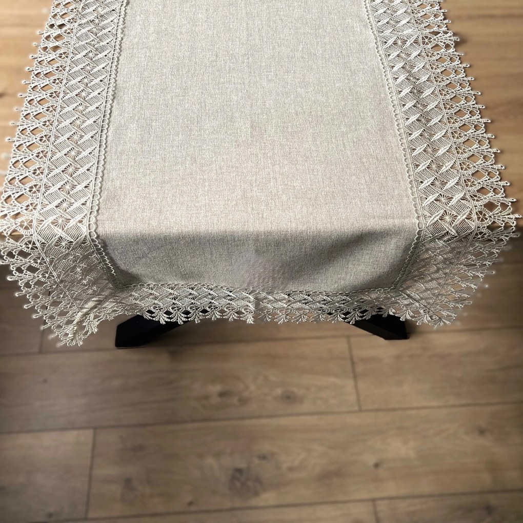 Bieżnik z gipiurą imitacja lnu elegancki prostokątny beżowy - 50x100 cm
