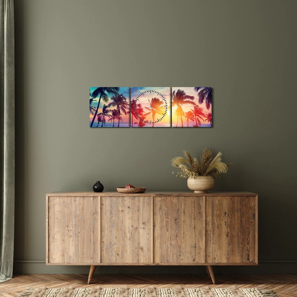 Obraz - Tropikalny zachód słońca (z zegarem) (90x30 cm)