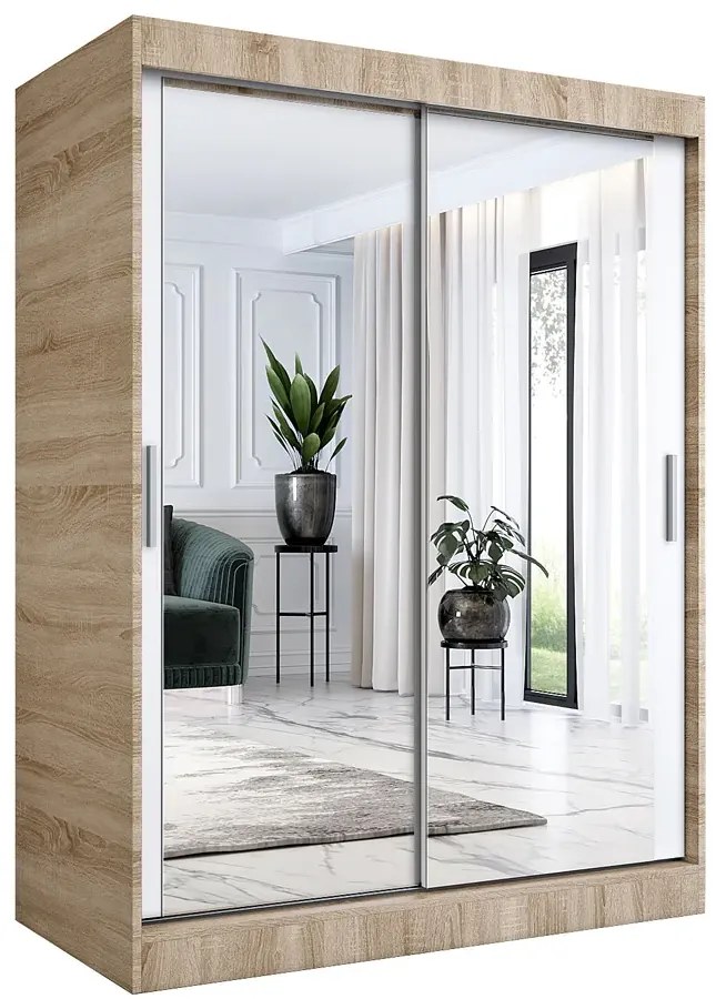 Szafa przesuwna z lustrem 150 cm dąb sonoma + biały R3-N80