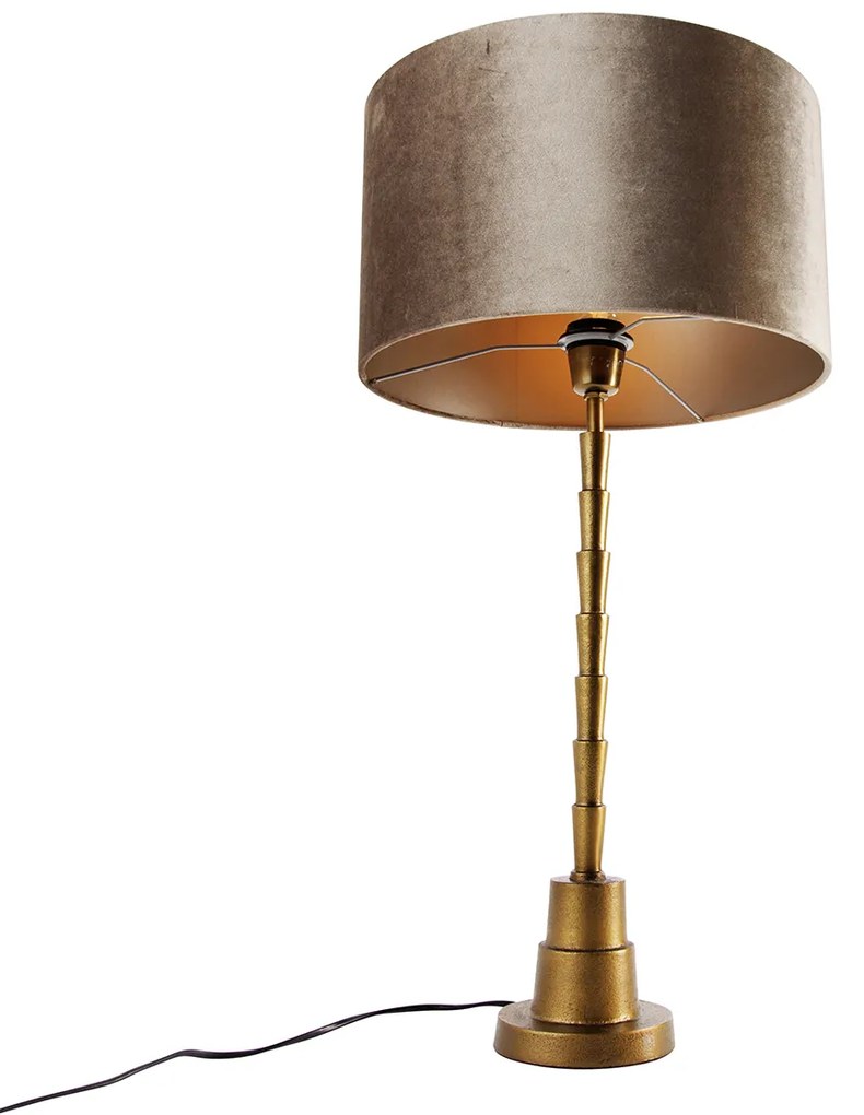 Lampa stołowa brązowa z aksamitnym abażurem taupe 35 cm - Pisos ArtDeco Oswietlenie wewnetrzne