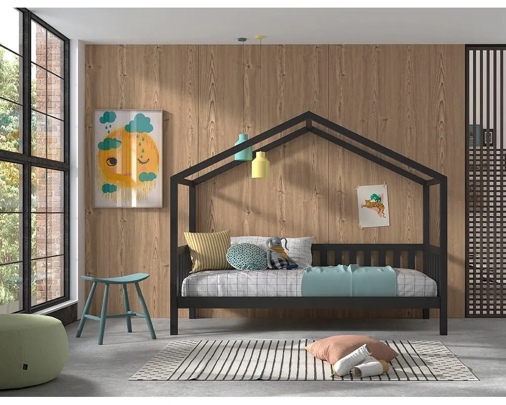 Antracytowe łóżko dziecięce w kształcie domku z litego drewna sosnowego 90x200 cm DALLAS – Vipack