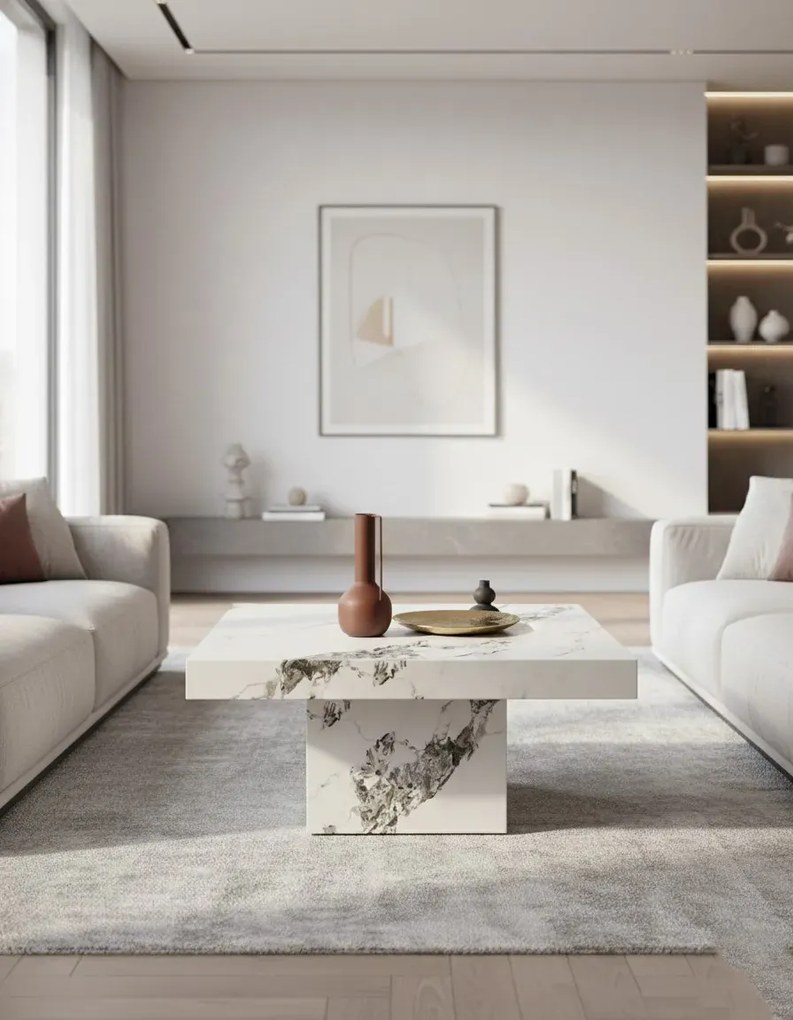 Kwadratowy biały kawowy stolik imitujący marmur E2-L21