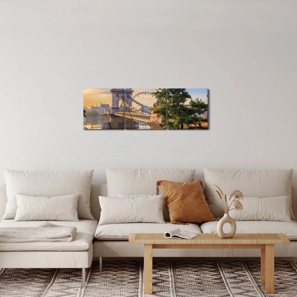Obraz - Most nad rzeką, Budapeszt, Węgry (z zegarem) (90x30 cm)