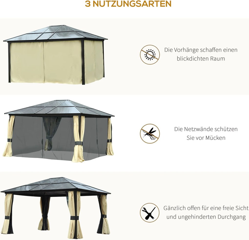 Outsunny Pawilon ogrodowy hardtop 4 2x3 6 m z zasłonami i moskitierą aluminiowa konstrukcja brąz kremowy | Aosom PL