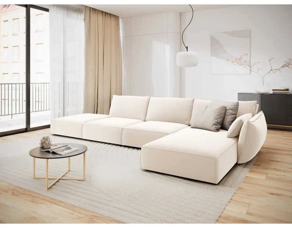 Beżowy aksamitny narożnik (prawostronny/z szezlongiem) Vanda – Mazzini Sofas