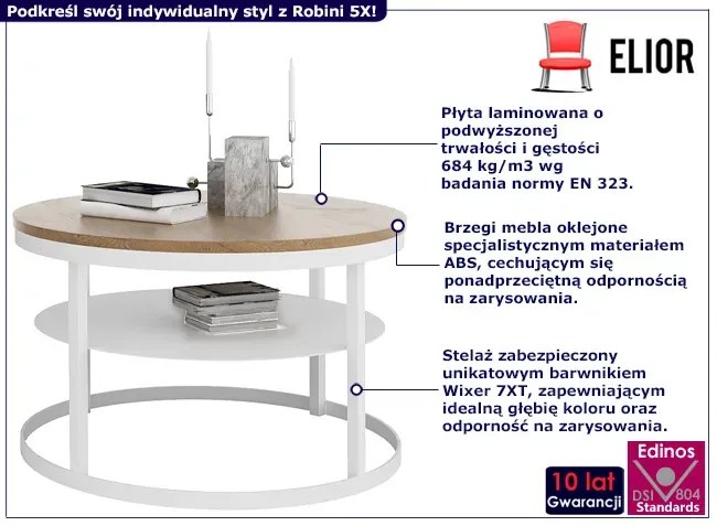 Stolik kawowy z metalową półką biały + dąb lancelot - Robini 5X