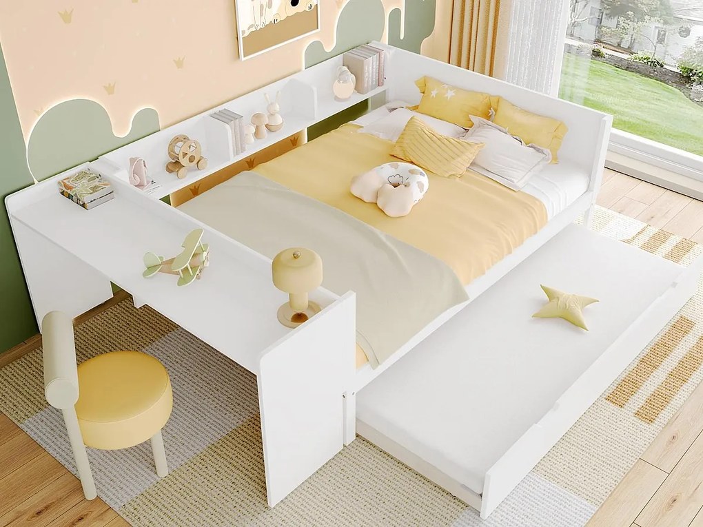 Łóżko podwójne dla dzieci 140x200 cm - Z biurkiem - Z łóżkiem wysuwanym - Z stelażem na listwy - Drewno lite - Białe (bez materaca)