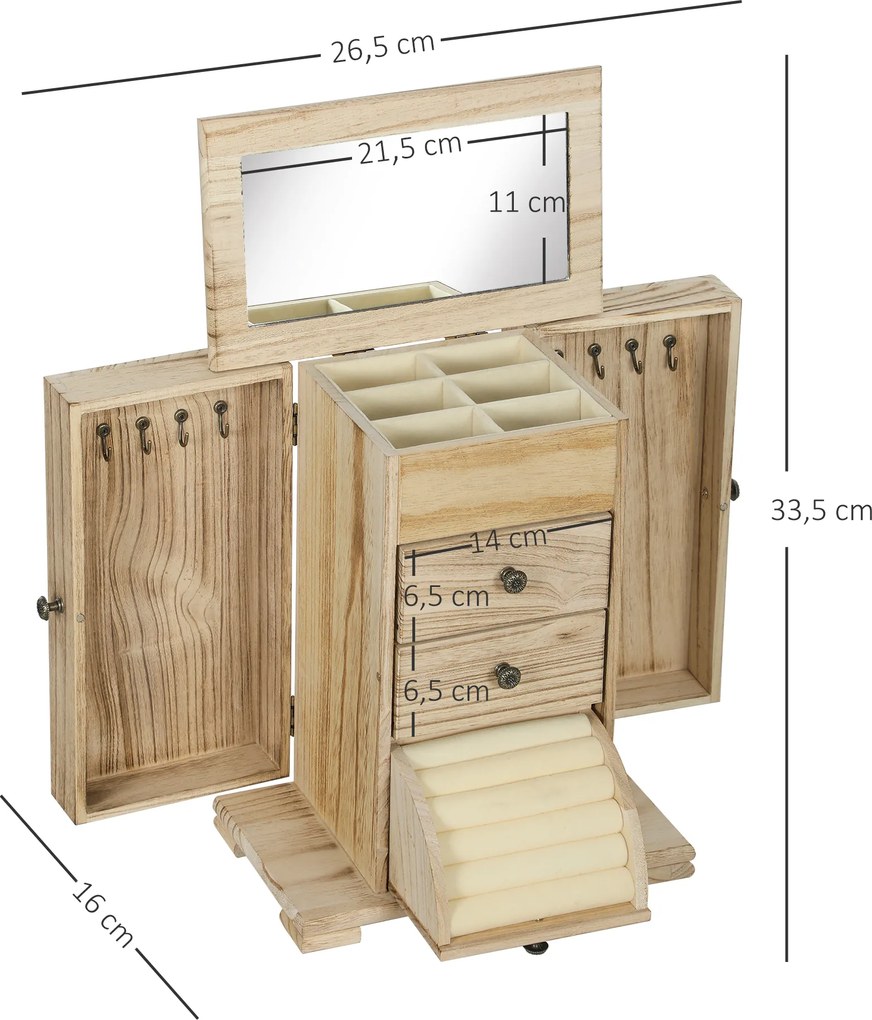 HOMCOM Szkatułka na biżuterię, organizer, 4-poziomowy układ, z wbudowanym lustrem, drewno, brązowy