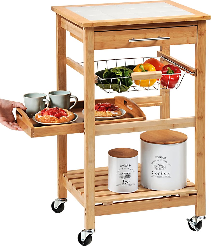 Wózek kuchenny z wyjmowaną tacą i koszem na warzywa, bambus, Kesper