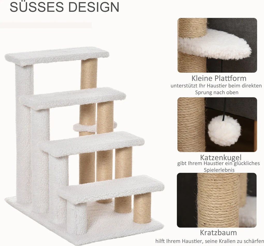 Drabinka dla Zwierząt z Piłeczką i Drapakiem PawHut, 4-stopniowa, Pluszowa i Trwała, Biała, Idealna dla Małych i Starszych Zwierząt, 60x40x64 cm