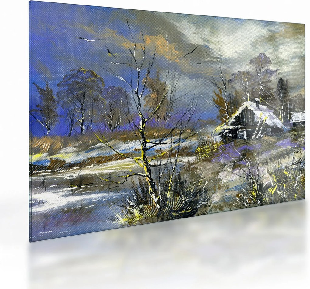 Obraz na szkle chaty w zimowym krajobrazie, obraz olejny (70x50 cm)