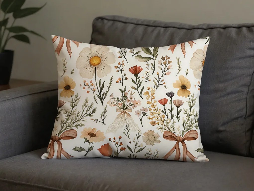Poliestrowo-bawełniana poszewka na poduszkę FLORAL RIBBON POLY 50x70 cm, kremowy