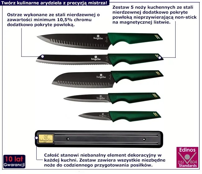 Komplet noży z zielonymi uchwytami na pasku magnetycznym S0-T54