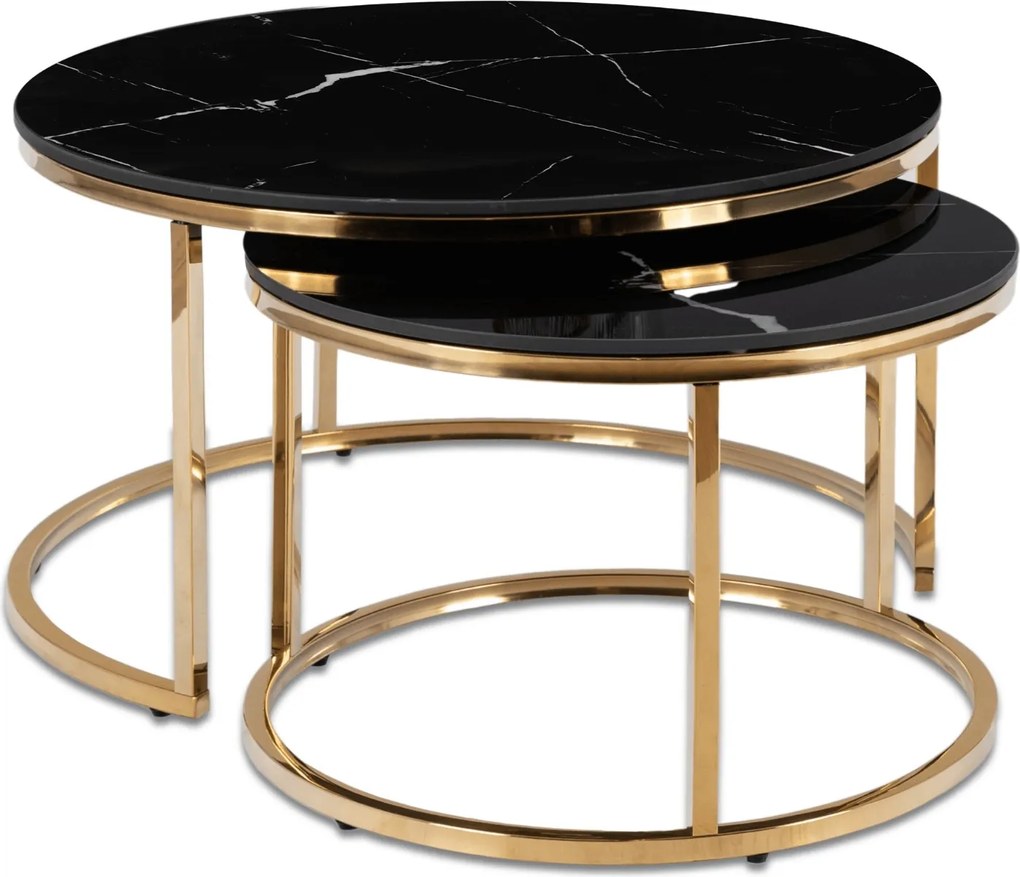 Zestaw Stolików Kawowych MILANO 60 cm/80 cm Czarny Marmur/Złoty Glamour