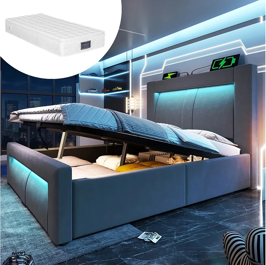 Łóżko pojedyncze z pojemnikiem na pościel - 90 x 200 cm - z hydraulicznym stelażem + diody LED + USB + zaokrąglony zagłówek - welurowe - szare (z materacem)