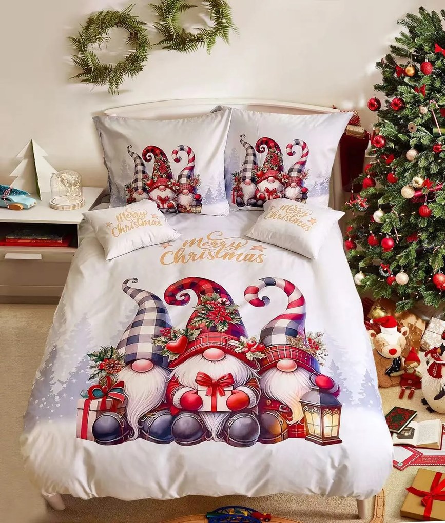 PrzytulneMieszkanie.pl PrzytulneMieszkanie.pl 3D Bawełniana pościel TRIO GNOMES biała + poszewka na poduszkę 40x50 cm gratis Rozmiar pościeli: 70 x 90 cm | 140 x 200 cm