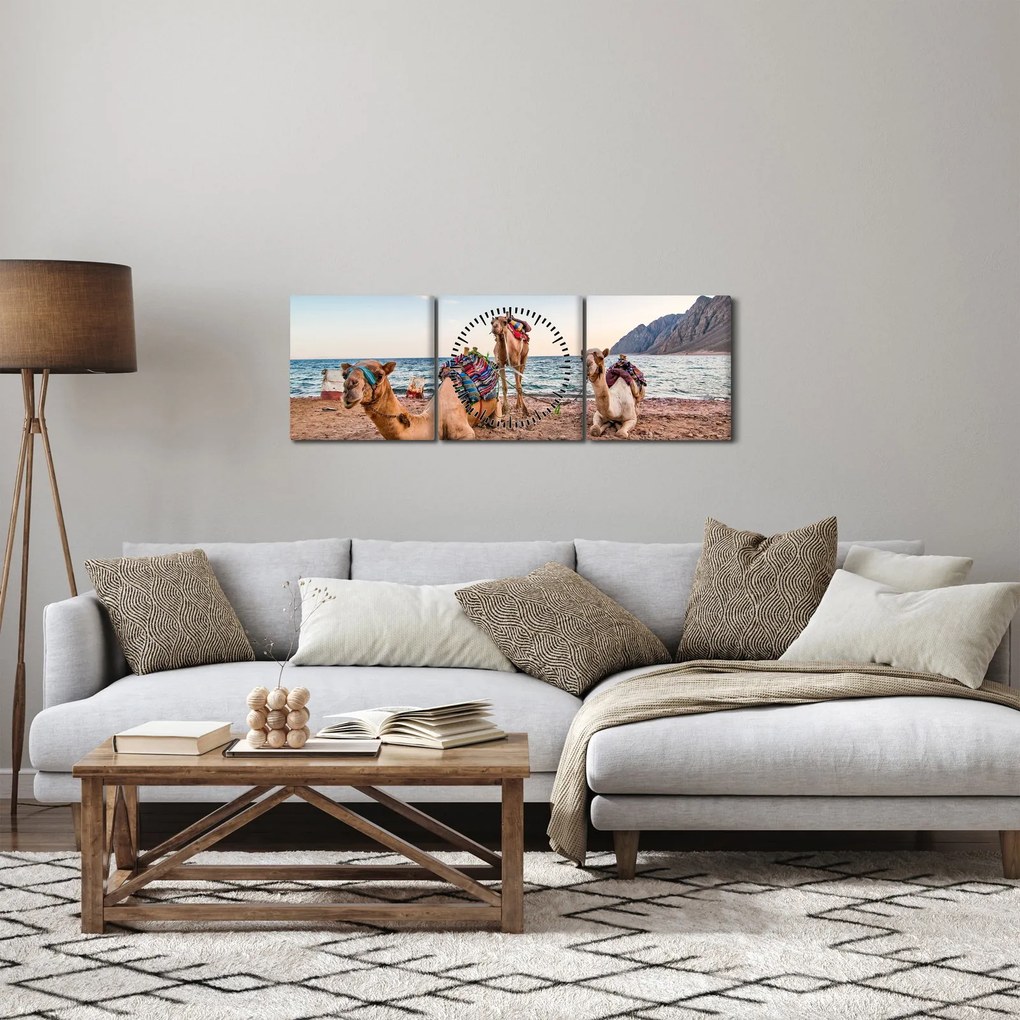 Obraz wielbłądów (z zegarem) (90x30 cm)