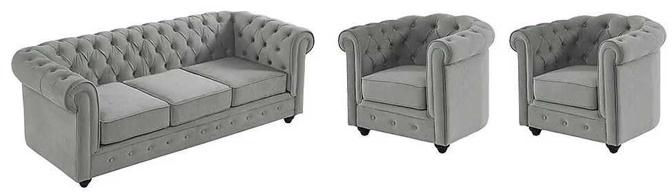 Kanapa 3-osobowa i 2 fotele CHESTERFIELD - Jasnoszary welur