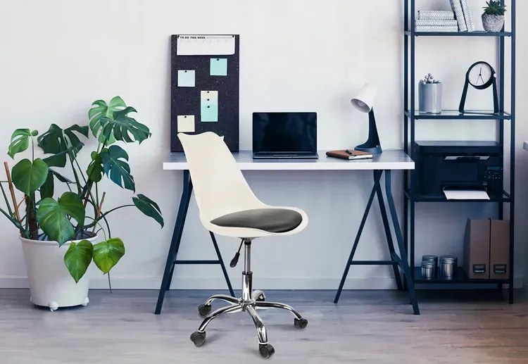 Białe krzesło na kółkach z czarną poduszką H5-N21