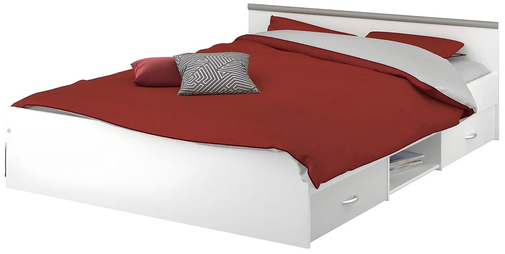 Łóżko ze skrzynią 140 x 190 cm - 2 szuflady i 1 wnęka - Kolory: biały + stelaż - PABLO