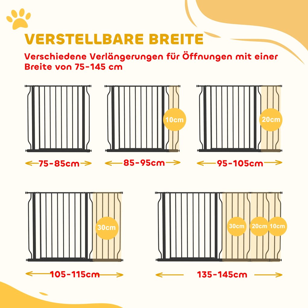 PawHut Bramka Ochronna dla Psów z Systemem Dwustronnego Otwierania, Zamocowanie Ścienne z Przyciskiem, Regulowana od 75 do 145 cm