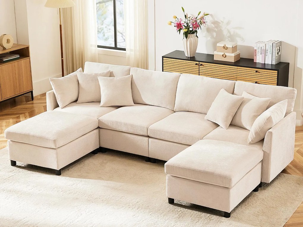 Nowoczesna kanapa - 4 osoby - przekształcalna w U i L - z 2 podnóżkami + 6 poduszkami - tkanina chenille - Beżowy