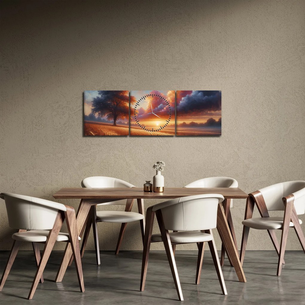 Obraz – Zachód słońca na polu (z zegarem) (90x30 cm)