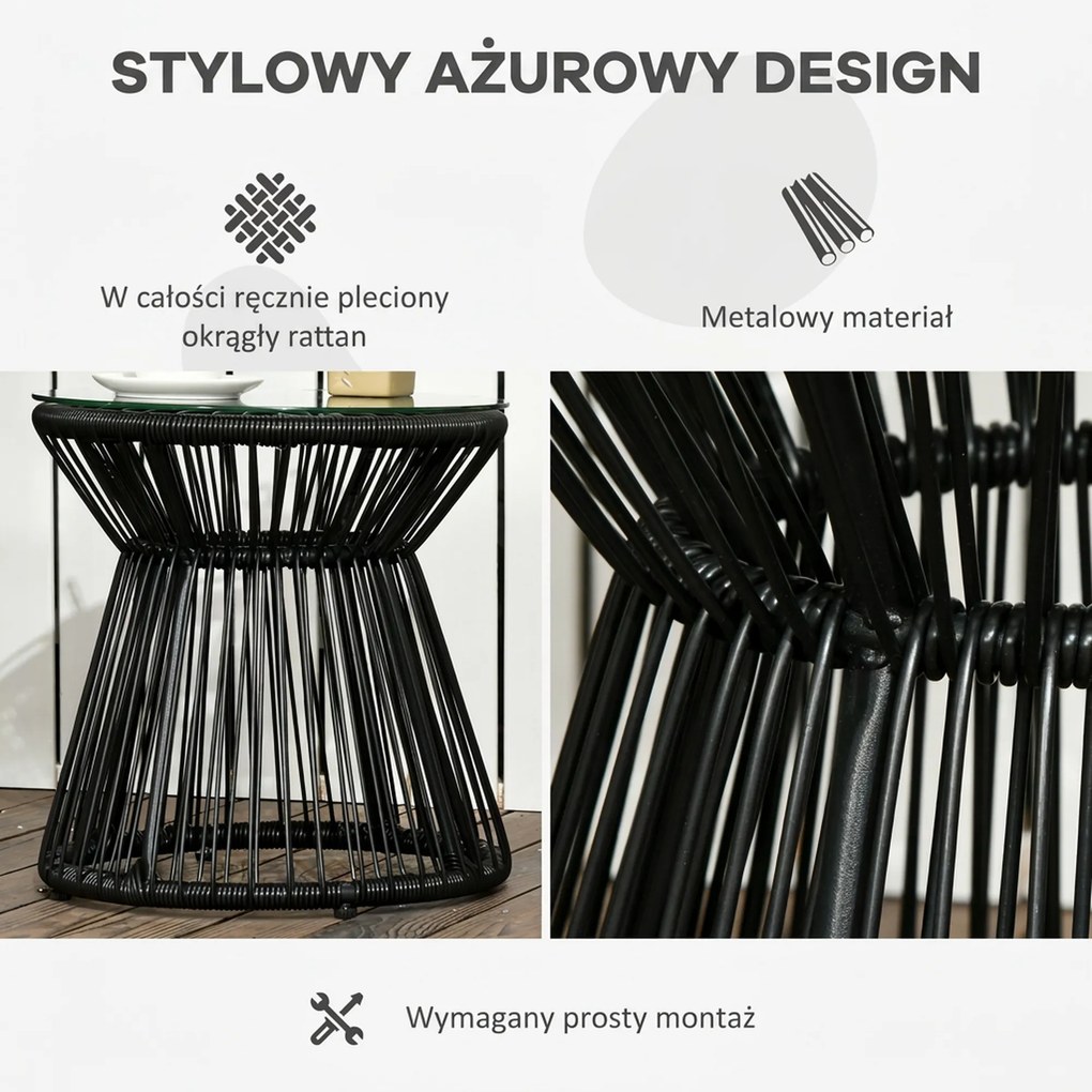 Outsunny Stolik ogrodowy w stylu boho, odporny na warunki atmosferyczne, PE-Rattan, 40 cm x 40 cm x 42 cm, Czarny