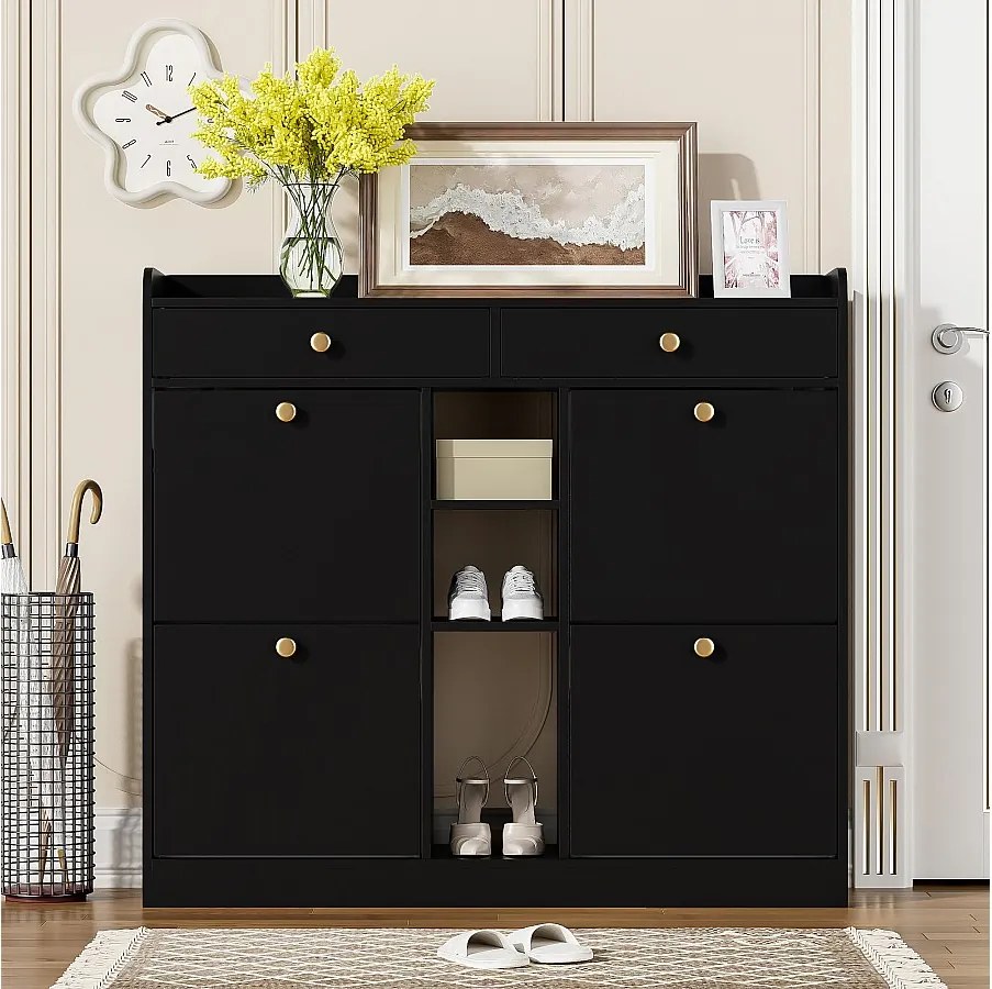Czarna szafka na buty z 4 uchylnymi drzwiami i 2 szufladami – do przedpokoju i na korytarz