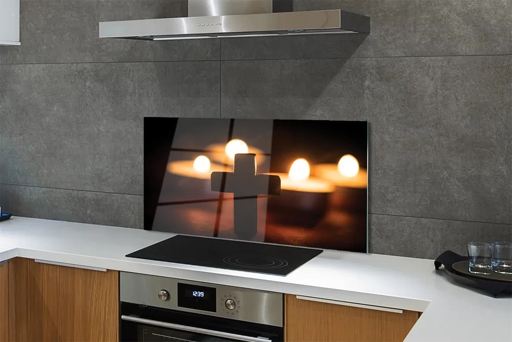 Szklany Panel Krzyż w Blasku Świec