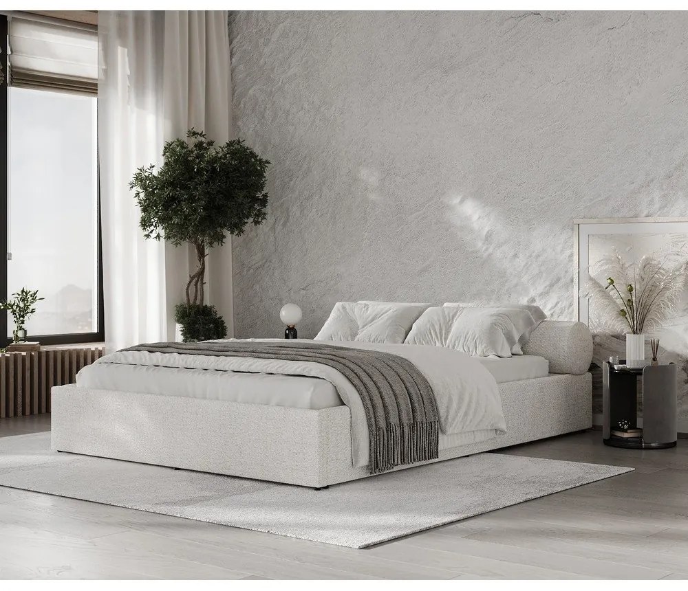 Kremowe tapicerowane łóżko dwuosobowe ze schowkiem ze stelażem 140x200 cm Solvo – Maison de Rêve