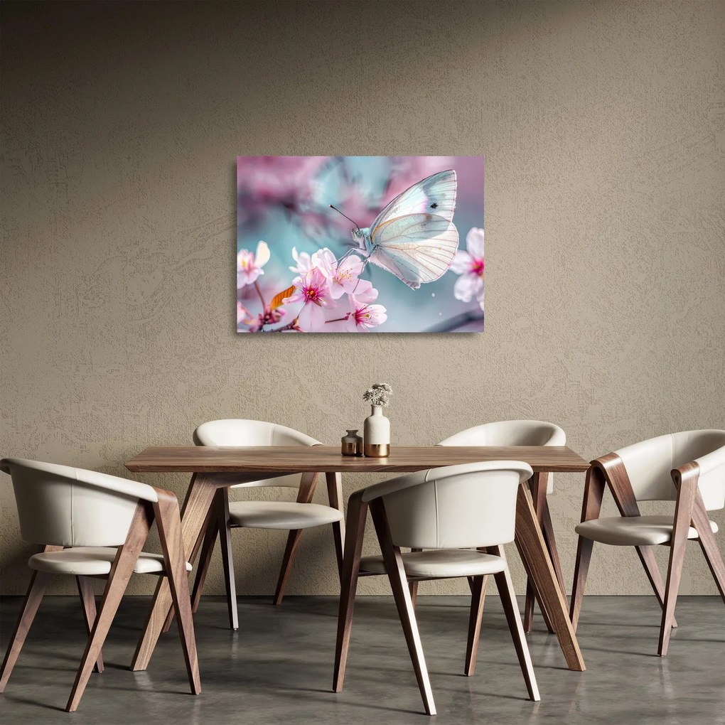 Obraz na szkle - Motyl na drzewie wiśni (70x50 cm)